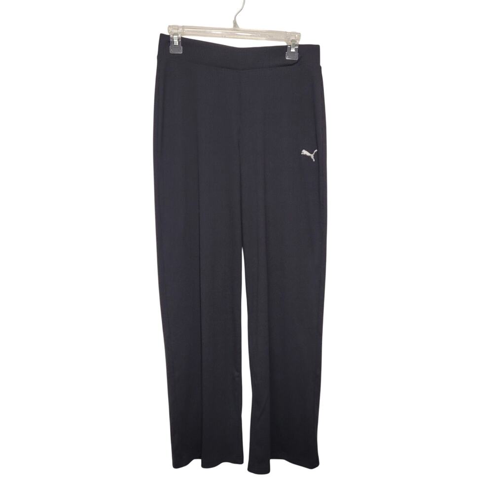 Puma Black Wide Leg Pants Ribbed Women's Size Med Lounge Athleisure Cozy Dorm